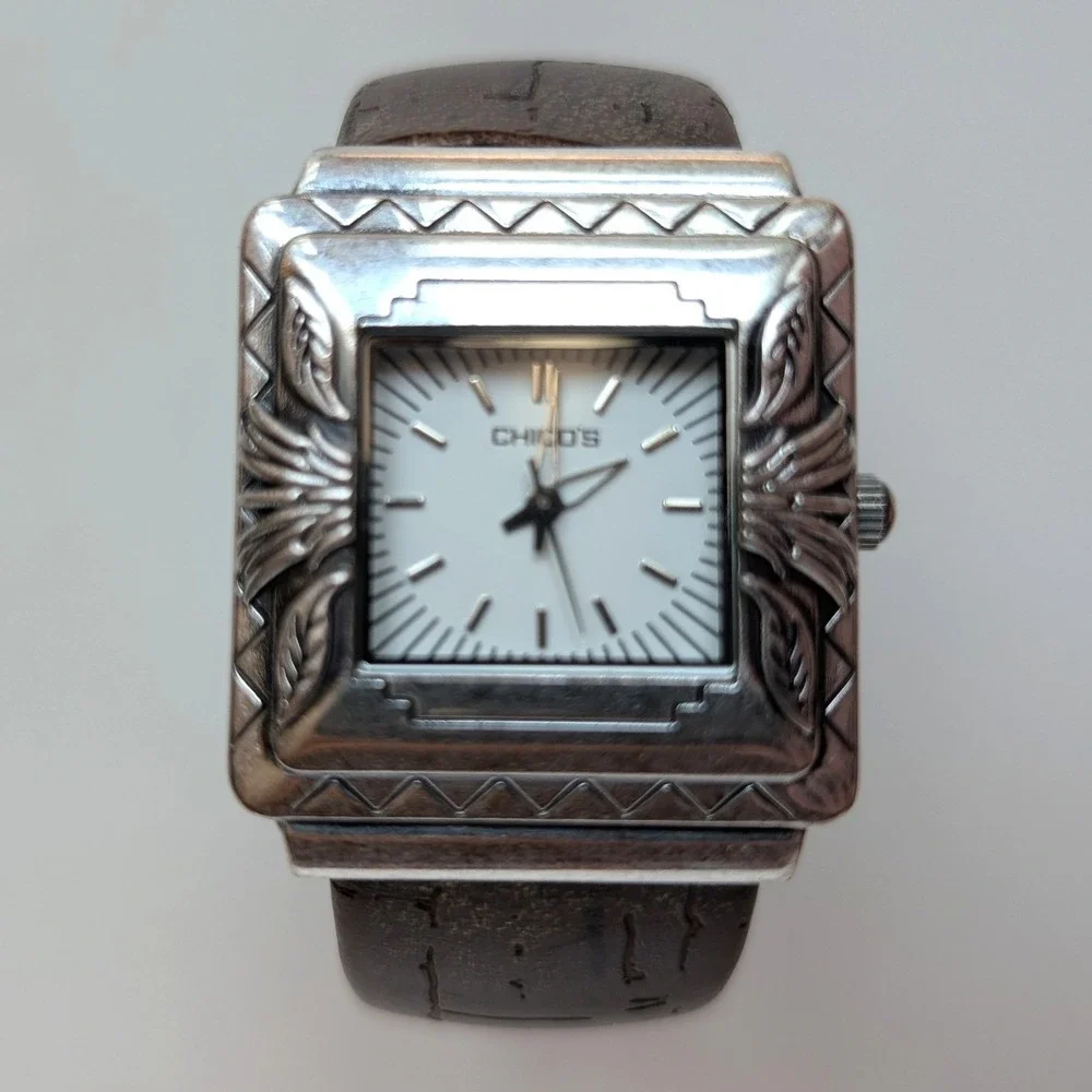 Chicos Womens Silver Tone Square Ornate Cuff Watch Brown Cork Band Japan